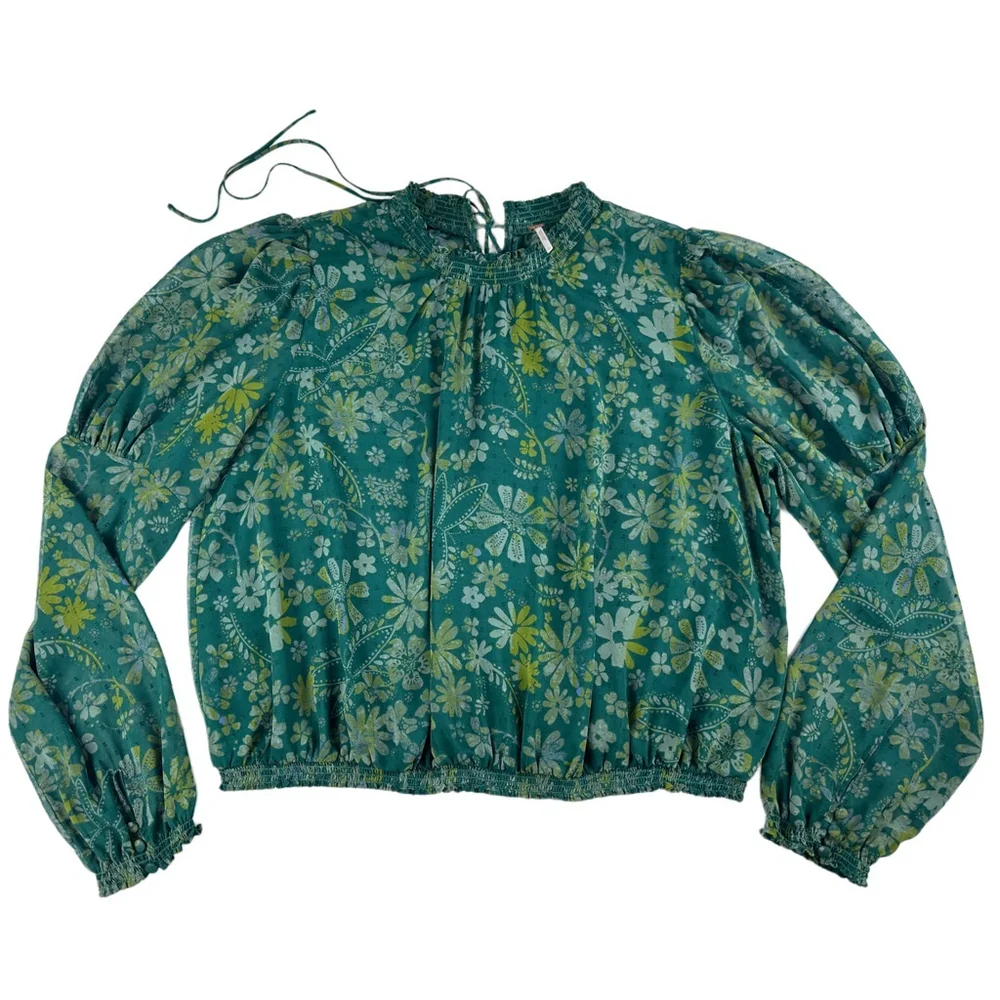 Free People Clarissa Floral Smocked Blouse Green Long Puff Sleeve Size XL